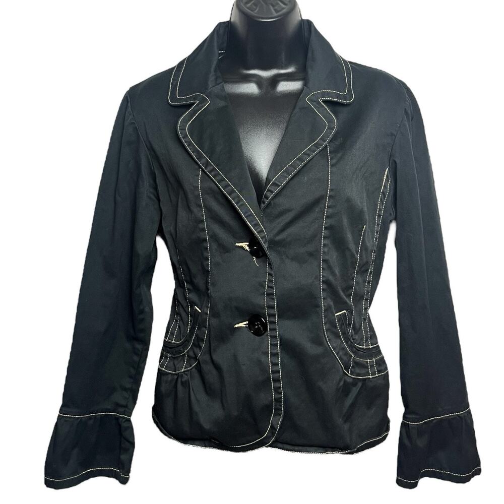 Vtg Y2K Live A Little Black Blazer Jacket Petite M White Stitching Peplum Goth